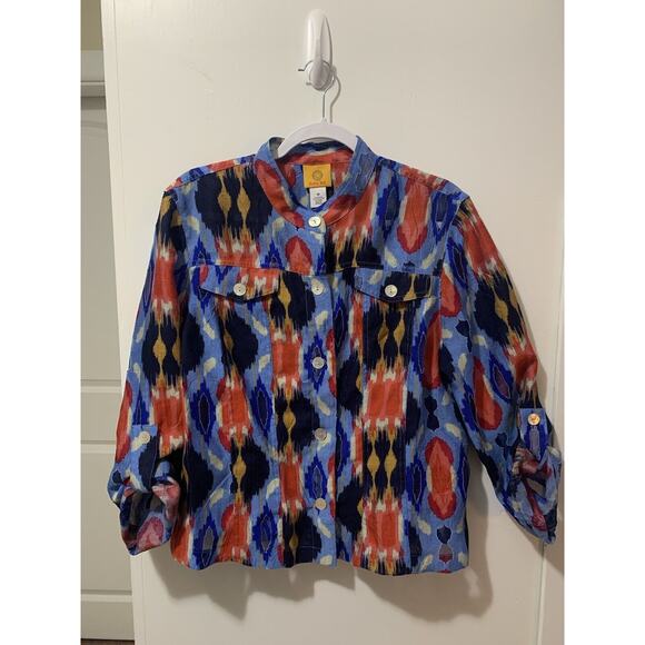 Ruby Rd Jacket 14‎ Multicolor Button Front Stretch Pockets 3/4 Sleeves Geo Print - Picture 1 of 10